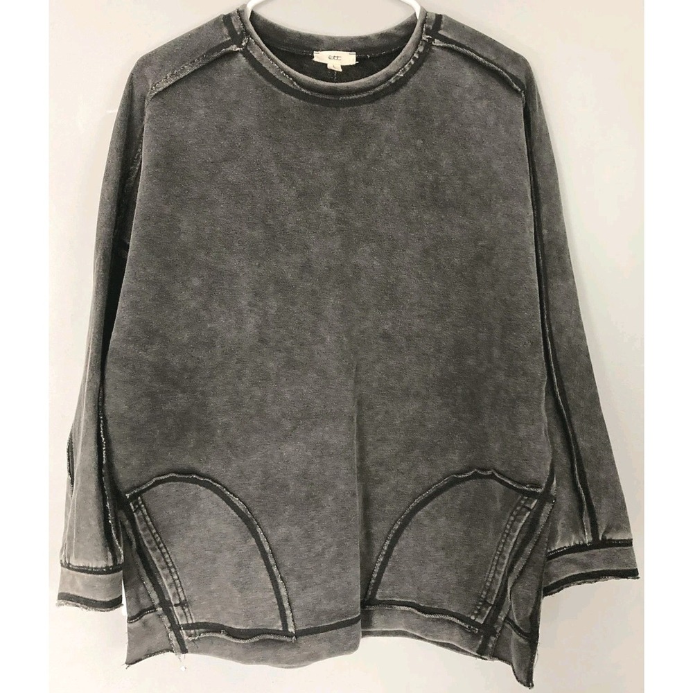 Ott Shirt Women L Gray Cotton Crew Neck Tunic Top Pockets Relaxed Stonewashed